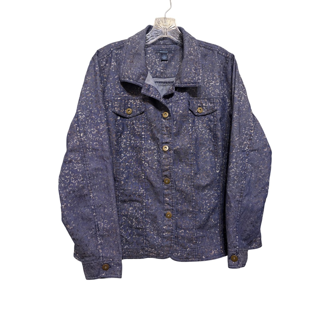 Westbound Womens Large Blue Metallic Gold Leopard Print Denim Button Down Jacket